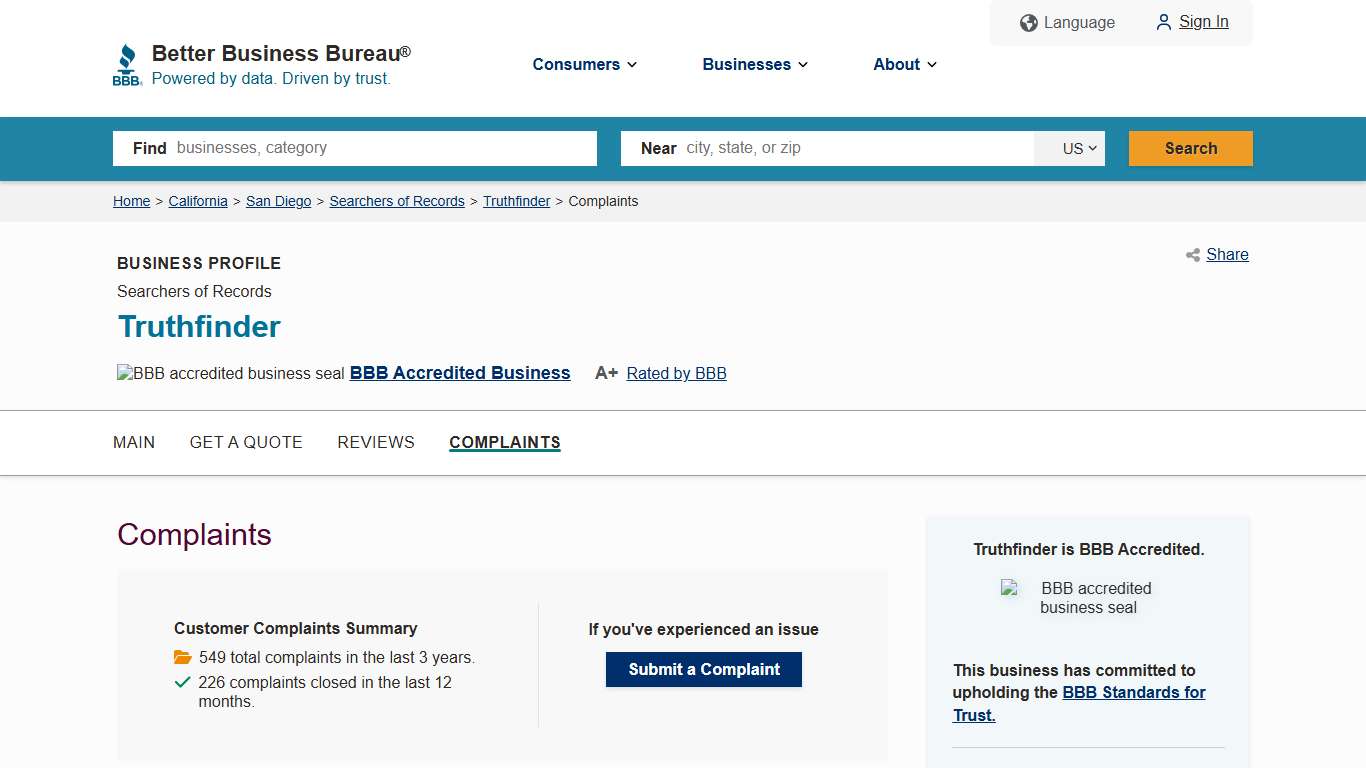 Truthfinder | BBB Complaints | Better Business Bureau